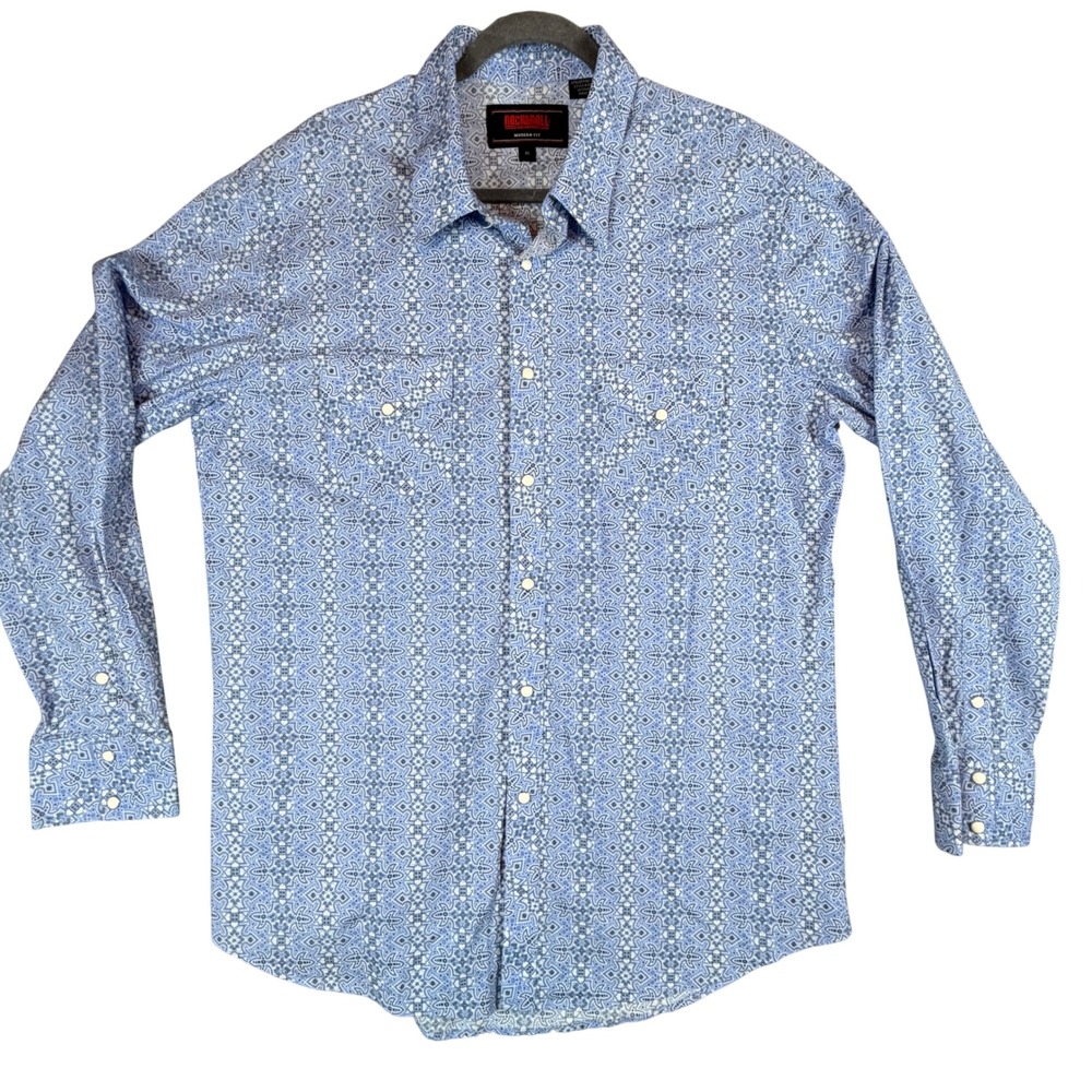 Rock and Roll Denim Mens XL Modern Fit Blue Pearl Snap Western Shirt ARMS0SRZ7P